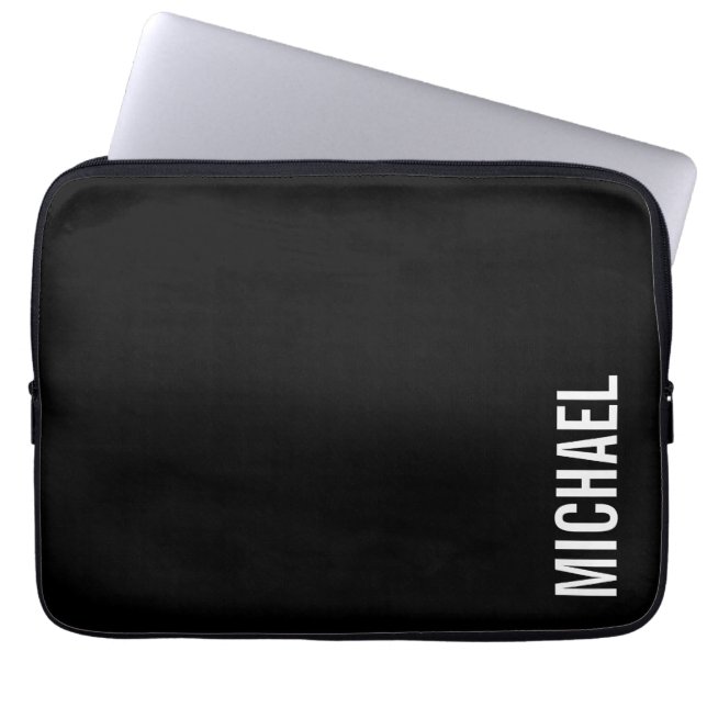 Black Modern Minimalist Personalized Name Laptop Sleeve (Front)