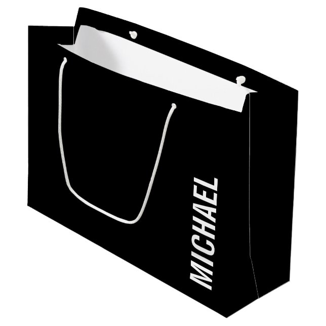 Black Modern Minimalist Personalized Name Large Gift Bag (Front Angled)