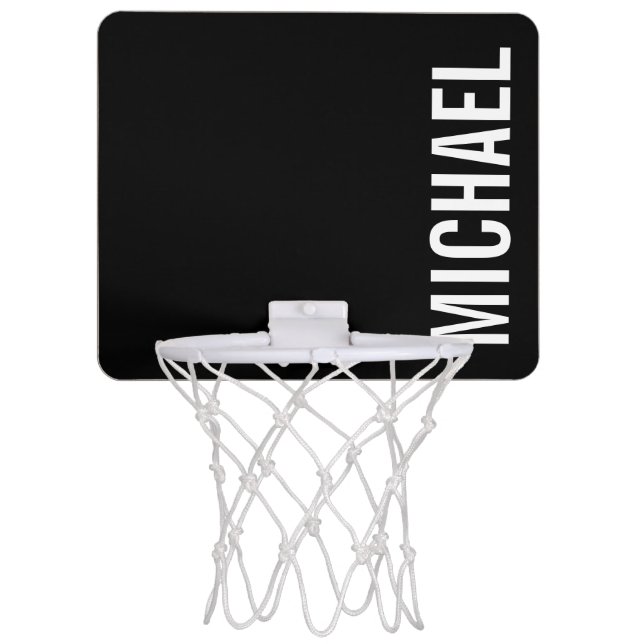 Black Modern Minimalist Personalized Name Mini Basketball Hoop (Front)