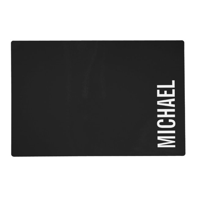 Black Modern Minimalist Personalized Name Placemat (Front)
