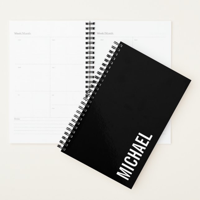 Black Modern Minimalist Personalized Name Planner (Display)