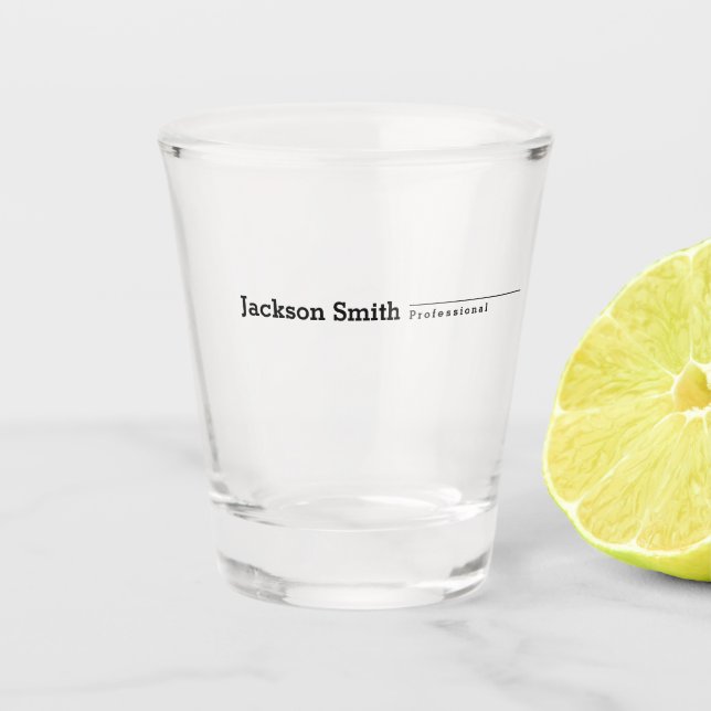 Black modern minimalist personalized name shot glass (Front)