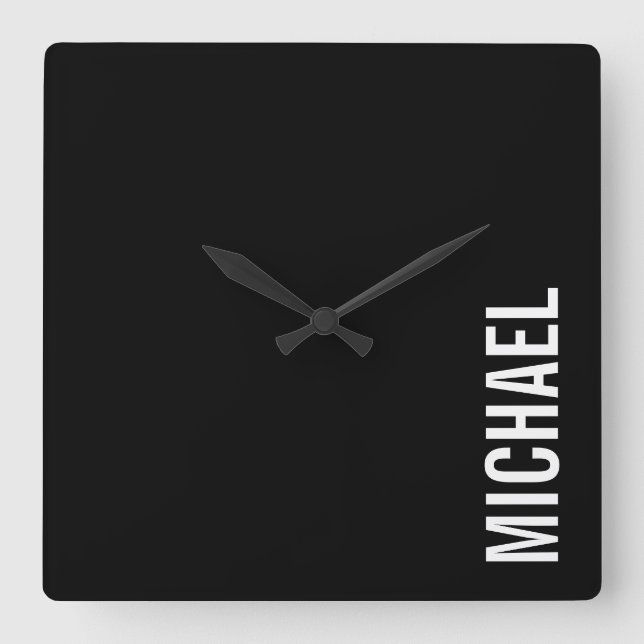 Black Modern Minimalist Personalized Name Square Wall Clock (Front)