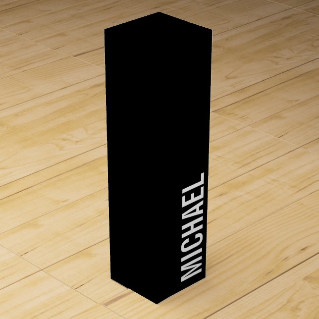 Black Modern Minimalist Personalized Name Wine Box (Front)