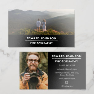 Black Modern Minimalist Photo Photography Silver Foil Business Cards