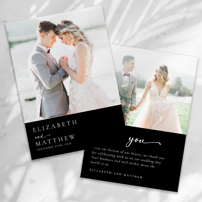 Black Modern Minimalist Script Photo Wedding Thank You Card | Zazzle