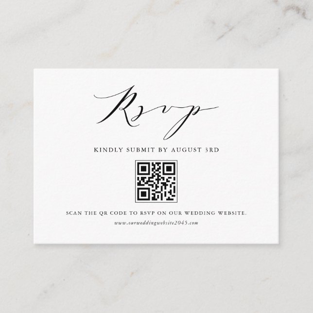 Black Modern Minimalist Script QR Code RSVP Enclosure Card (Front)