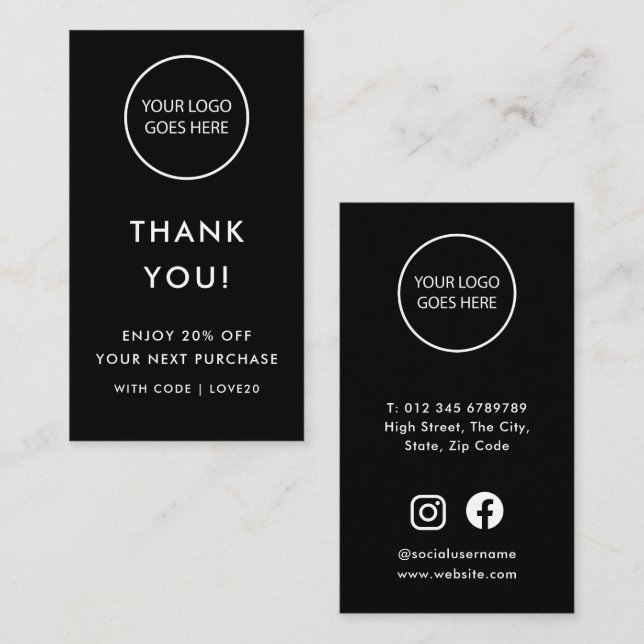 Black Modern Minimalist Thank You Discount Card (Front/Back)