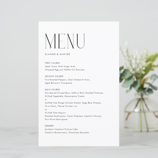 Black Modern Minimalist Typography Menu Card (Standing Front)