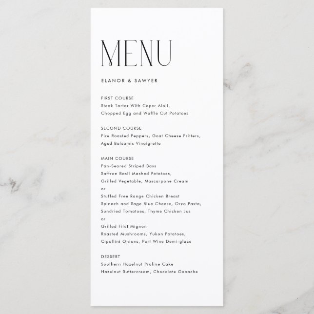 Black Modern Minimalist Typography Wedding Menu (Front)