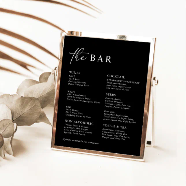 Black Modern Minimalist Wedding Bar Menu | Zazzle