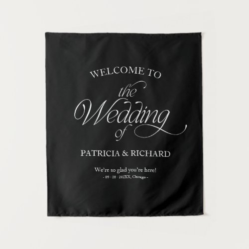 Black Modern Minimalist Wedding Welcome Sign Tapestry