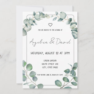 Black Modern minimalistic green Eucalyptus Wedding Invitation