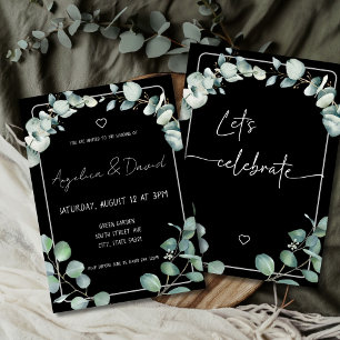 Black Modern minimalistic green Eucalyptus Wedding Invitation
