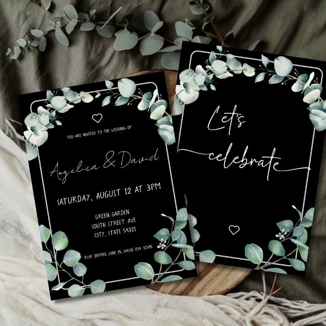 Black Modern minimalistic green Eucalyptus Wedding Invitation (Creator Uploaded)