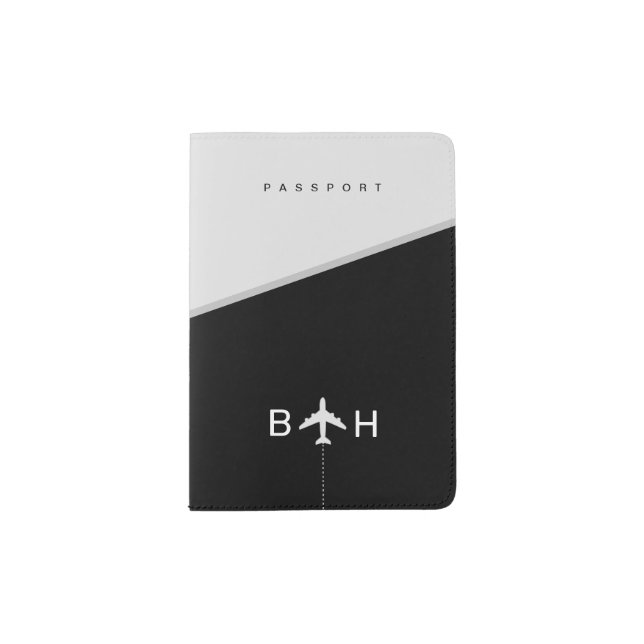  Black Modern Monogram Airplane with Initials Passport Holder (Front)