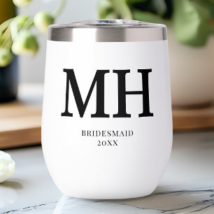 Black Modern Monogram Chic Bachelorette Bridesmaid Thermal Wine Tumbler
