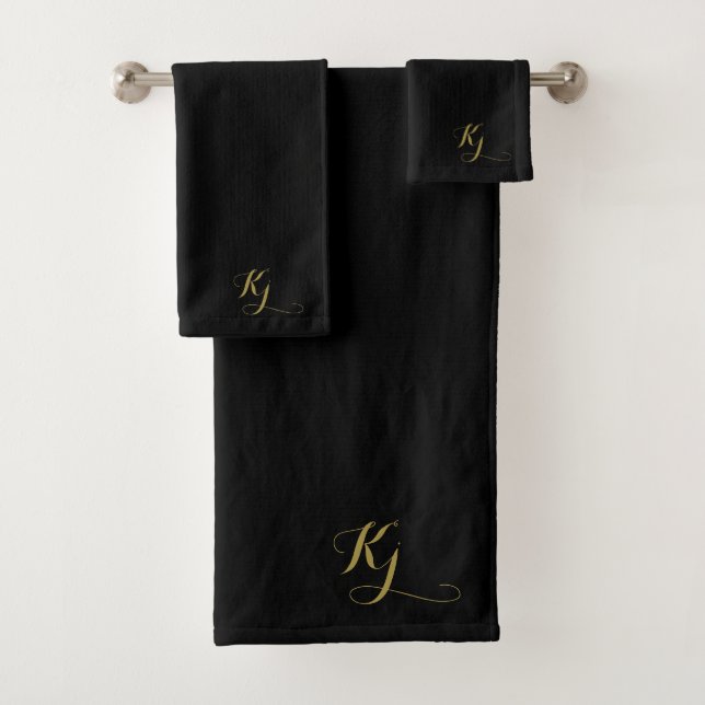 Black Modern Monogram Gold Script Initials Bath Towel Set (Insitu)