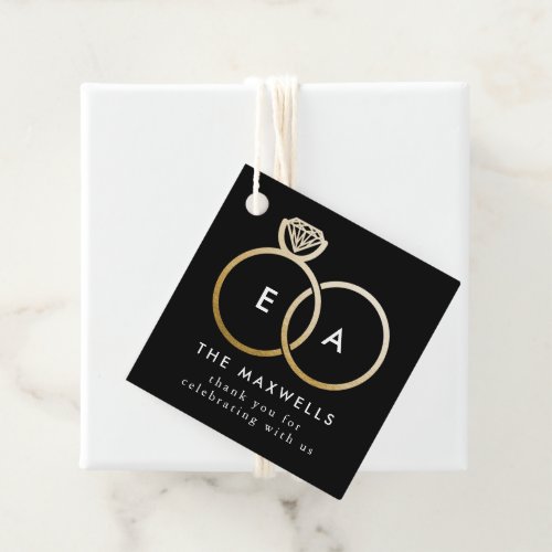 Black Modern Monogram Golden Wedding Rings Favor Tags