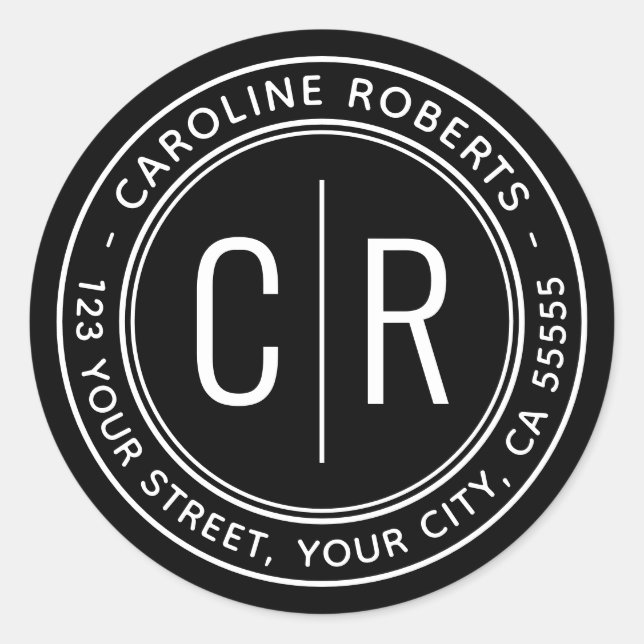 Black modern monogram initials return address classic round sticker (Front)