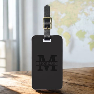 Black Modern Monogram Minimalist Luggage Tag