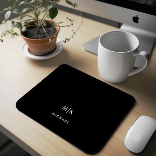 Black   Modern Monogram Mouse Pad