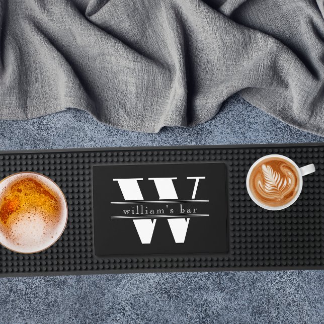 Black Modern Monogram Name Masculine Home Bar Mat (Creator Uploaded)