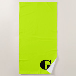 Black Modern Monogram Neon Lime Yellow Beach Towel