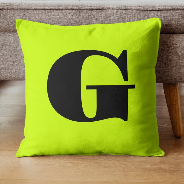 Black Modern Monogram | Neon Lime Yellow    Throw Pillow (Creator Uploaded)