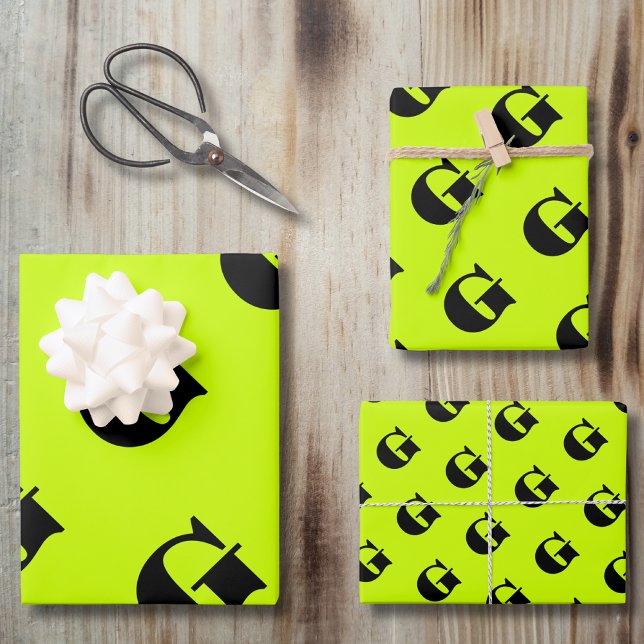 Black Modern Monogram | Neon Lime Yellow    Wrapping Paper Sheets (Creator Uploaded)