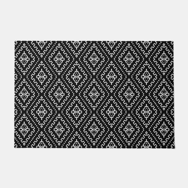 Black Modern Mudcloth Geometric Ethno Pattern Doormat (Front)