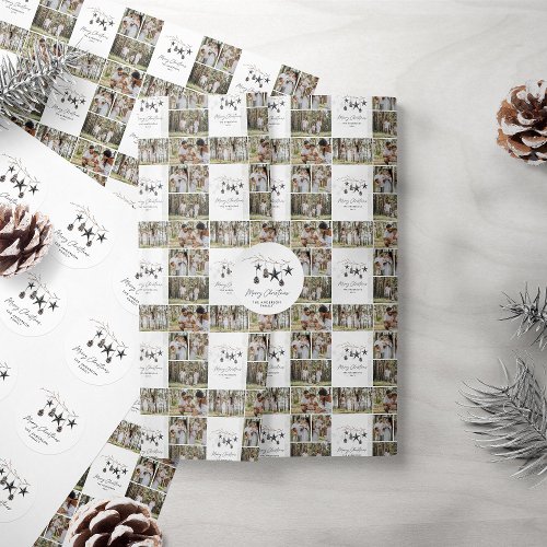Black modern multi photo elegant script Christmas Wrapping Paper