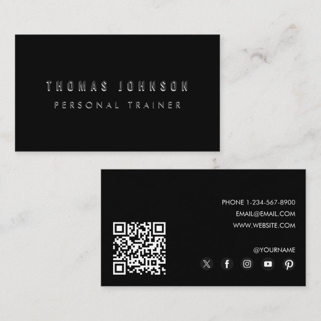 Black Modern Personal Trainer Fitness QR Code  Business Card (Front/Back)