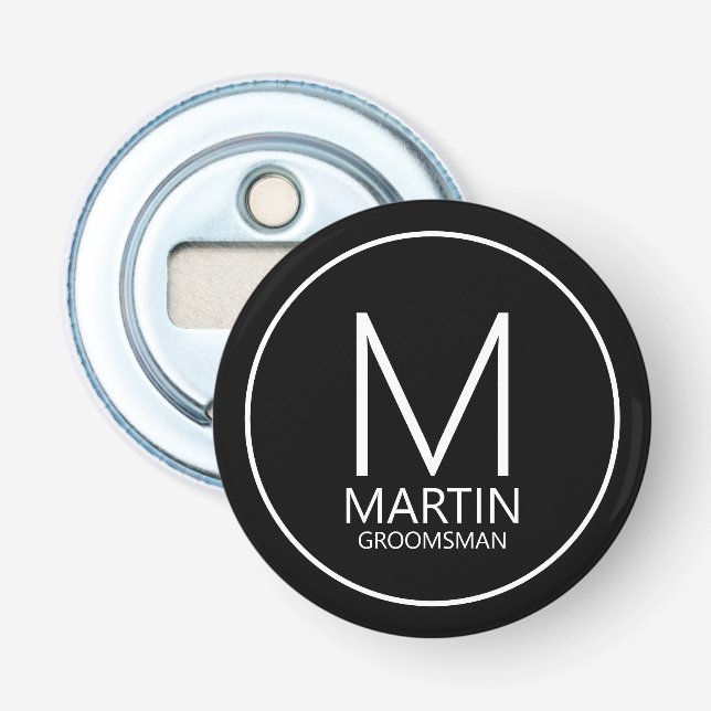 Black Modern Personalized Monogram&Name Groomsmen Bottle Opener (Front)