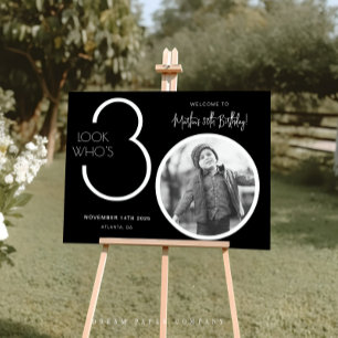 Black Modern Photo 30th Birthday Welcome Sign