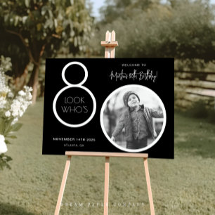 Black Modern Photo 80th Birthday Welcome Sign