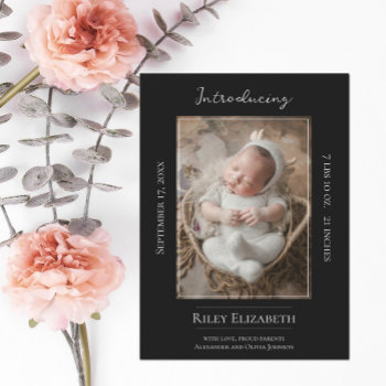 Black Modern Photo Birth Announcement by trendythings at Zazzle