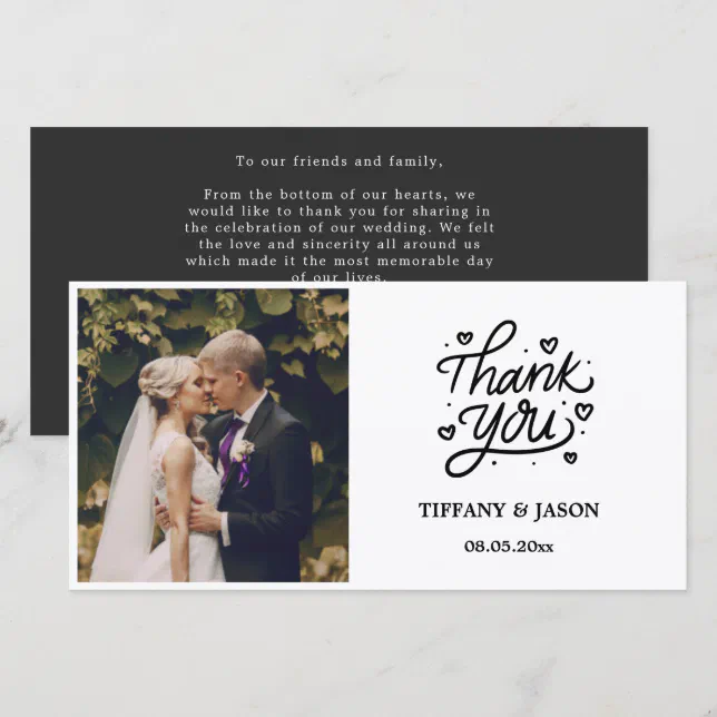 Black Modern Photo Calligraphy Heart Minimalist Thank You Card | Zazzle