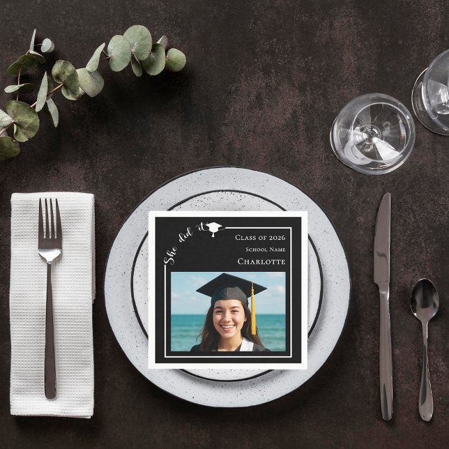 Black modern photo Graduation Party Napkins (Creator Uploaded)