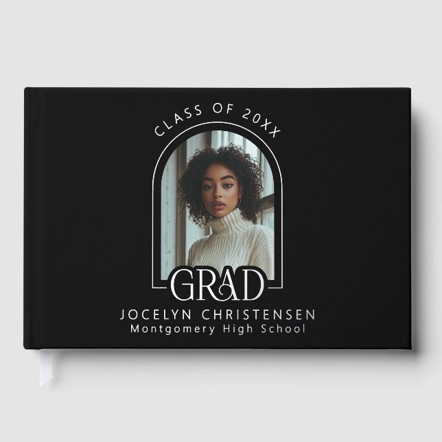 Black Modern Photo Graduation Silver Foil Guest Book (Front)