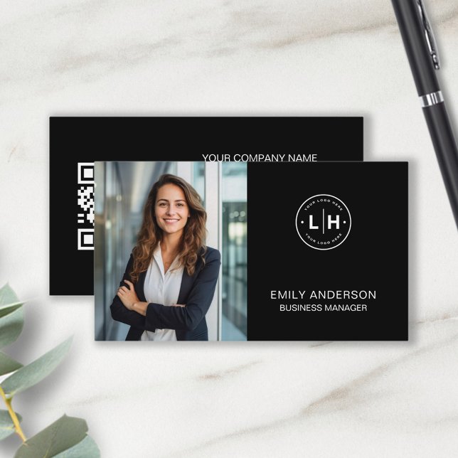 Black Modern Photo Logo QR Business Card (Black Modern Custom Photo Logo QR Business Card by MINTIC DESIGN STUDIO)