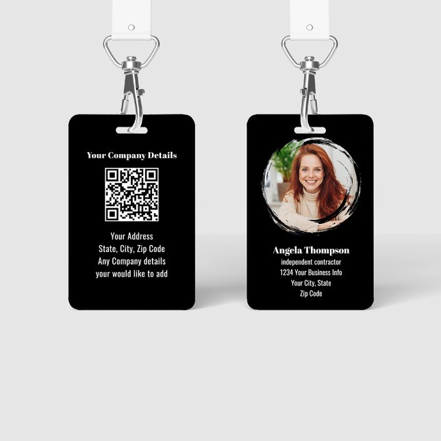 Black Modern Photo QR Code Employee Badge (Business black and white photo ID badge with QR code.)