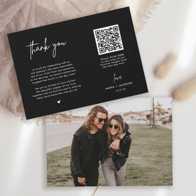 Black Modern Photo QR Code Thank You Card | Zazzle