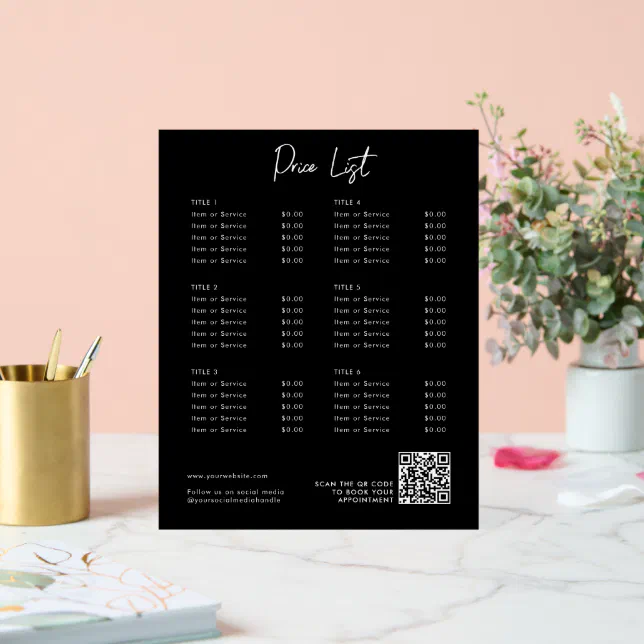 Price Menu Sign Black Modern Price List Menu QR Code Social Media Acrylic Sign | Zazzle