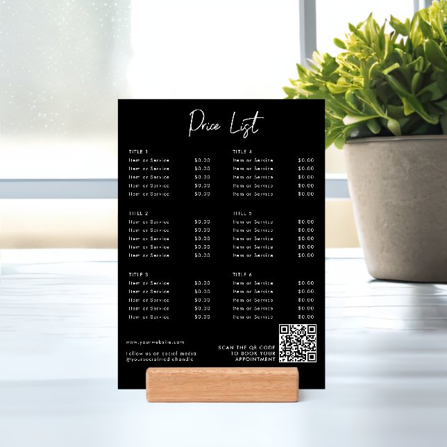 Black Modern Price List Menu QR Code Social Media  Holder (Insitu 1)