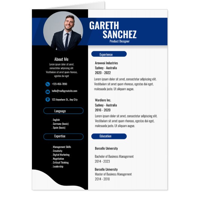 Black Modern Professional Resume,  resume template Card (Front)