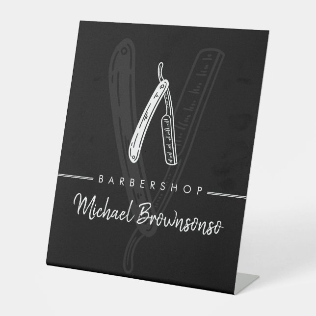 Black Modern Razor Barber Pedestal Sign (Front)