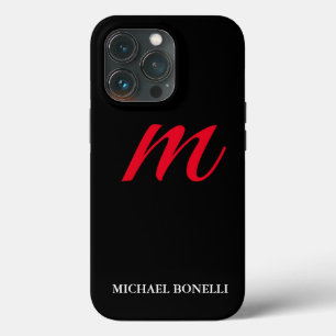 Black modern red monogram professional iPhone 13 pro case