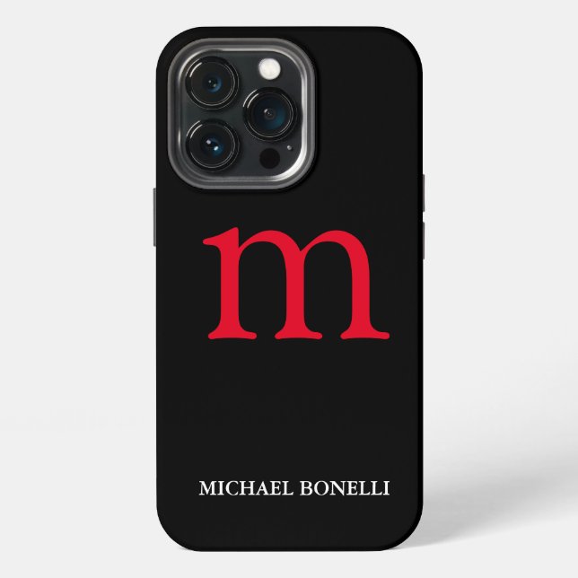 Black modern red monogram professional iphone case (Back)