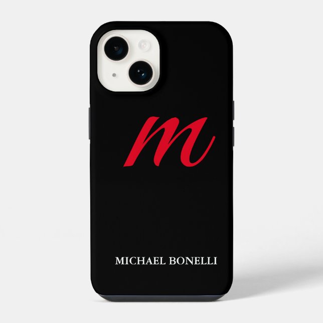 Black modern red monogram professional iphone case (Back)
